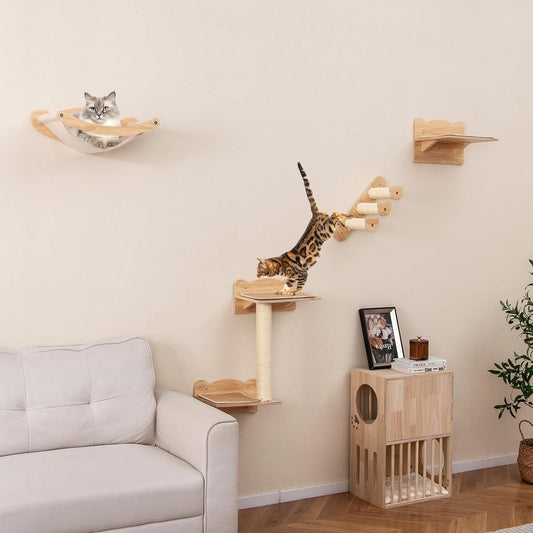 Tangkula Cat Wall Shelves, Wall Mounted 4pcs Kitten Furniture Set with Hammock, 2-Step Kitty Tree, Perch, Non-Slip Carpet Mat, Sisal Stairs & Scratching Posts, Wooden Cat Climber Steps (Natural)