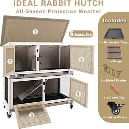36" L Rabbit Hutch Indoor with 4 Metal Wheels, 2-Story Wooden Bunny Hutch Outdoor Bunny Cage, 2 Deeper Pull-Out Trays, Ramp, Rabbit Cage Guinea Pig Pet House for Small Animals