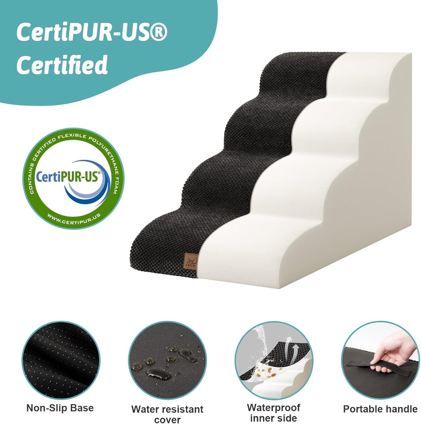 Dog Stairs for Small Dogs 19.7" H, Curved Dog Step for Puppy, Older or Cat, Medium Pet Ramp for Sofa, Couch or Bed, Ladder with High Density Foam, 15.7x28.3x19.7 inch, 4 Step, Black - Pawvie