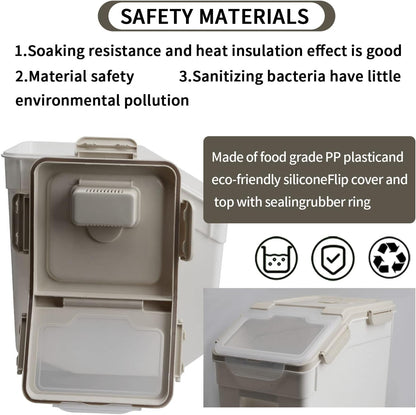 AnRui Airtight Flour Storage Container 25lb, Plastic Grain Storage Bucket, Rice Cereal Dispenser Organizer Box with Lid, Cat Dog Food Storage Bin with Measuring Cup, Scoop, Wheels, 2Pcs Grey