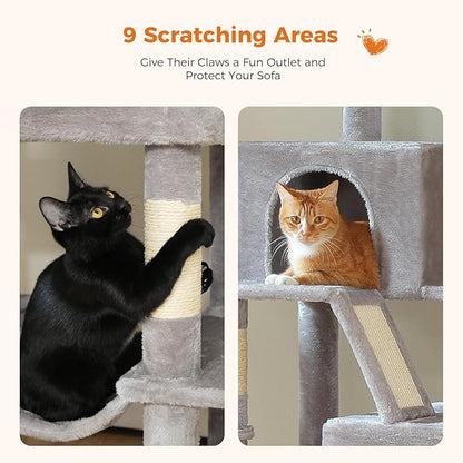 70.8" Tall Cat Tree for Indoor Cats Large Adult, Multi-Level Climbing Tower with Perches, Condo, Hammock, and Sisal Scratching Posts, Easy to Assemble, Light Gray