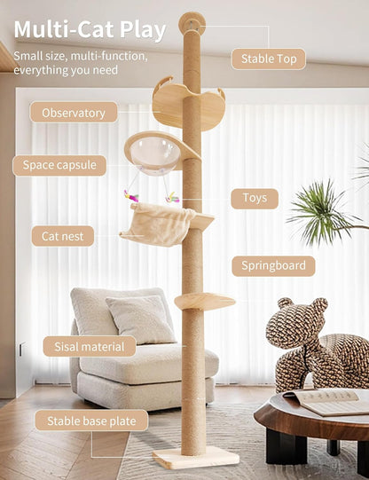 Floor-to-Ceiling Cat Tree with Natural Sisal Rope Scratching Post - Adjustable Height (55-119 Inches) - Modern Cat Activity Tree, Cat Scratcher Post