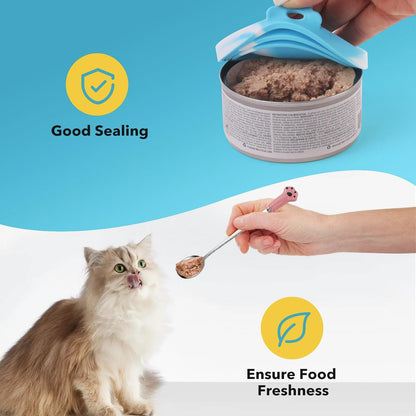 Comtim 5 PCS Pet Food Can Lids & Spoons Set - Silicone Dog Cat Food Can Covers Lids Top/Multi-Function Cat Food Spoon Spatula Can Opener for Wet Food/Long Handle Spoon Easy to Scoop Food