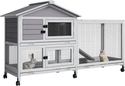 2-Tier Rabbit & Chicken House Mobile,Wooden Chicken Coop & Bunny Cage with Non-Slip Ramp, 4 Doors,Waterproof Roof & Pull-Out Tray,Outdoor/Indoor Pet Cage Movable