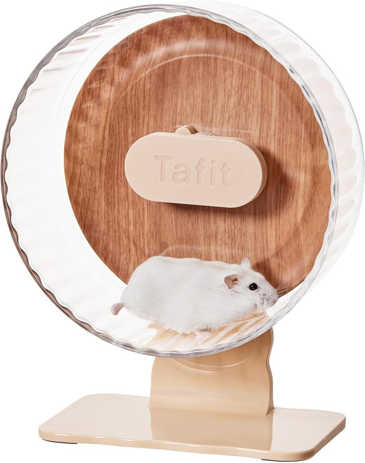 Silent Hamster Wheel 8.7 Inch Dual-Bearings Quiet Running Exercise Wheels with Wood Grain Backboard, Height Adjustable for Dwarf Hamsters, Gerbils, Mice, Hedgehog, Lemmings, Warm Brown