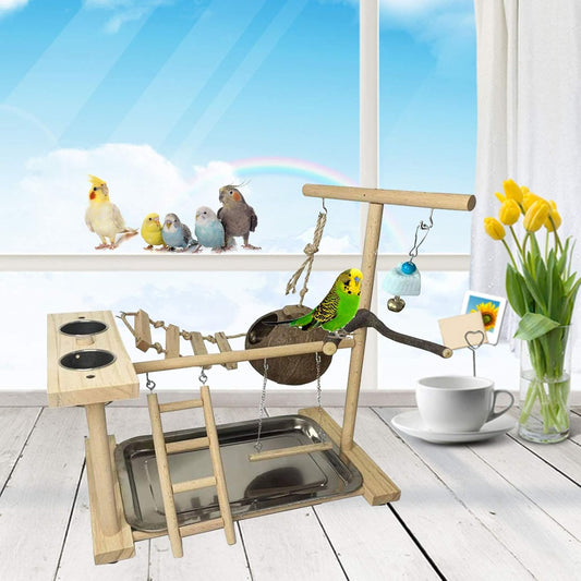 Parakeet Playground Bird Play Stand Natural Wood Perch Gym Parrots Nest Climb Swing Ladders with Feeder Cups Lovebirds Cage Accessories Toy Exercise Activity for Conure Cockatiel Lovebirds