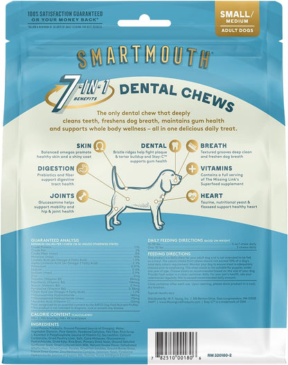 The Missing Link Smartmouth Vet Developed Dental Chew Treats, 7-in-1 Benefits: Healthy Teeth & Gums, Breath, Skin, Joints, Digestion, Heart, Immune System – Small/Medium 15-50lb Dogs, 28 Ct
