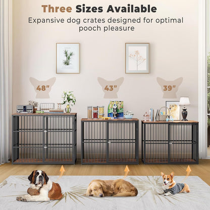 43'' Dog Crate Furniture with 3 Doors, XL Wooden Crate End Table Heavy Duty Indoor Puppy Cage for Medium to Large Dogs, Multiple Units Can be Combined