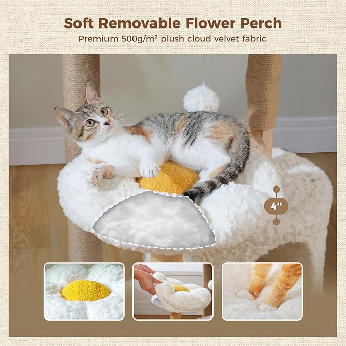 PEQULTI 48.5'' Modern Cat Tree for Large Indoor Cats Solid Wood Cat Tower with Luxury Cat Condo, Cozy Hammock, Scratching Post, Rattan Perch and Flower Cat Bed, White