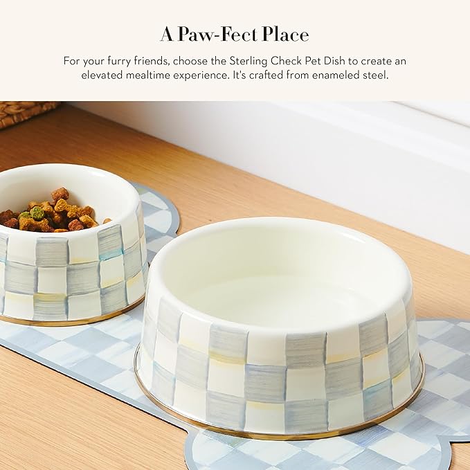 MACKENZIE-CHILDS Pet Bowl, Cute Cat and Dog Bowl for Food and Water, Gray-and-White Sterling Check, Large