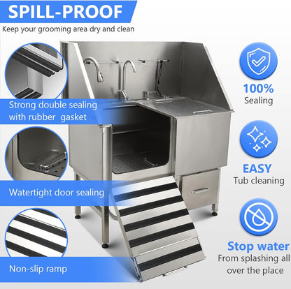 50" Dog Washing Station, Professional Stainless Steel Pet Dog Bathing Station with Ramp, Faucet, Storage Drawer, Floor Grate Dog Bathtub for Large, Medium, Small Pets (Right Ramp)