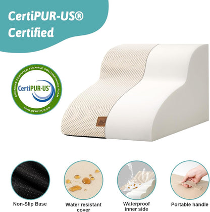 Dog Stairs for Small Dogs 11.8" H, Pet Step with Leakproof Cover, High Density Foam Cat Ramp for Chair or Sofa, Lightweight, Durable, Comfort, 15.7x19.7x11.8 inch, 2 Tiers, Beige - Pawvie