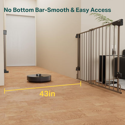 Cumbor 29.2-43" No Bottom Bar Baby Gate for Stairs, 2-in-1 Hardware Mounted Dog Gate Indoor, Pet Gate for Doorways with Large Walk Thru Door, Child-Proof Safety Gate for Top & Bottom of Stairs (Brown)