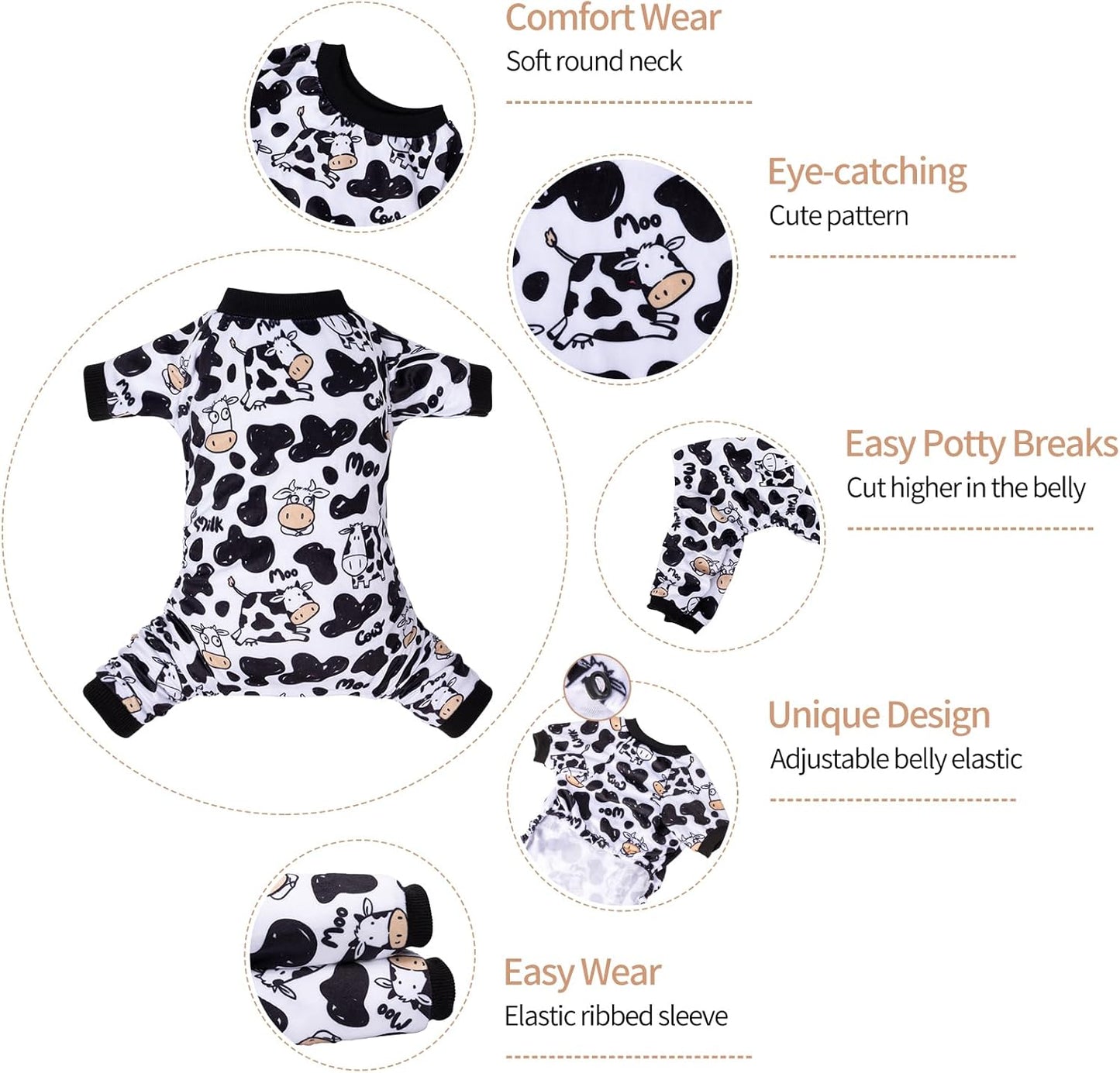 CuteBone Dog Halloween Pajamas Puppy Onesies Small Dogs Soft Pjs Coat Cat Apparel Comfy Pet Christmas Clothes Outfit Doggie Bodysuit P281S (Cow moo, Medium)