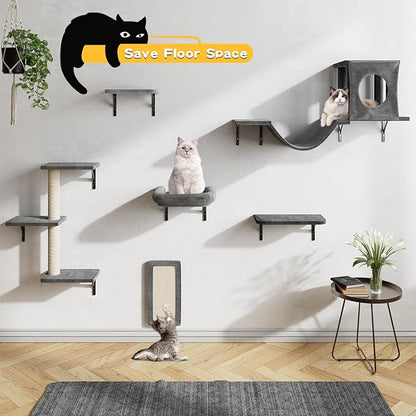 NUNU LAB Wall Mounted Cat Wall Shelves, 12-in-1 Cat Wall Climber with Condos House, Scratching Post, Bridge Ladder, Indoor Space-Saving Furniture for Kittens Play, Dark Gray