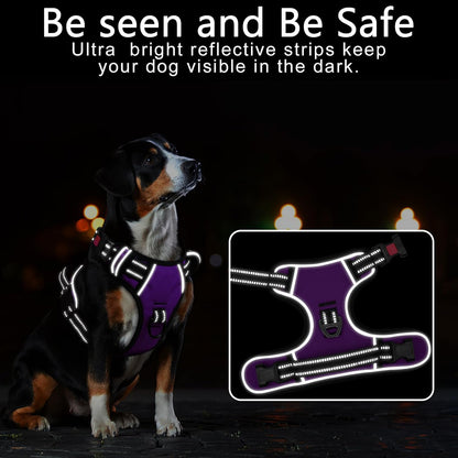 Timos Dog Harness Medium Sized, No Pull with Neck Lockable Snap,No Choke Front Clip Dog Reflective Harness,Adjustable Metal Rings 3 Buckles,Easy Control Handle for Medium Dogs Purple M