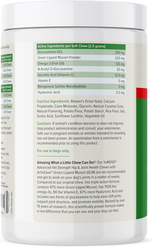 Yumove Hip & Joint Supplement for Dogs with Glucosamine, Hyaluronic Acid, Green Lipped Mussel & Omega 3 Joint Supplement - Regular or Advanced Strength (180ct, Advanced Vet Strength Soft Chews)