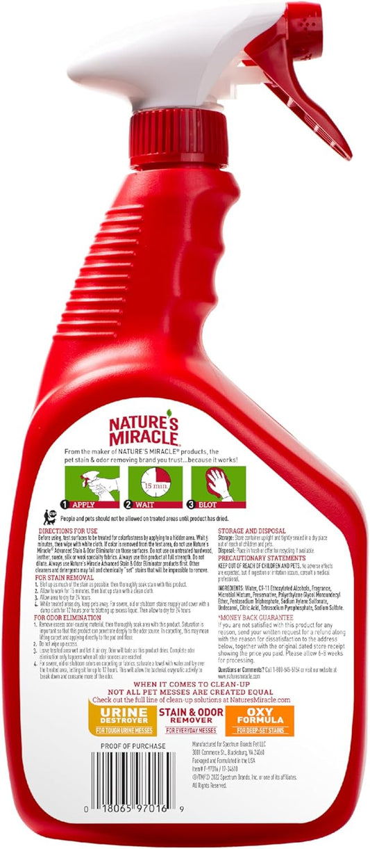 Natureās Miracle Advanced Stain and Odor Eliminator Dog Spray, Fresh Scent, Severe Mess Enzymatic Formula For Tough Pet Messes, 32 Ounces