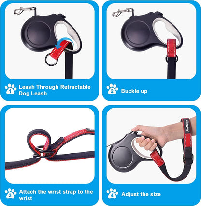 PetBonus 2 Packs Short Dog Leash, Safety Wrist Strap for Retractable Dog Leash, Reflective Design and Adjustable Soft Padded Handle, Extra Layer Security for Pet Stroller (Red, Red)