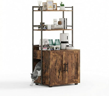 Cat Litter Box Enclosure, Hidden Litter Box Furniture with 3 Storage Shelves and Doors, Rustic Indoor Cat Cabinet, Multi-Functional Storage for Food, Cats Toilet Furniture