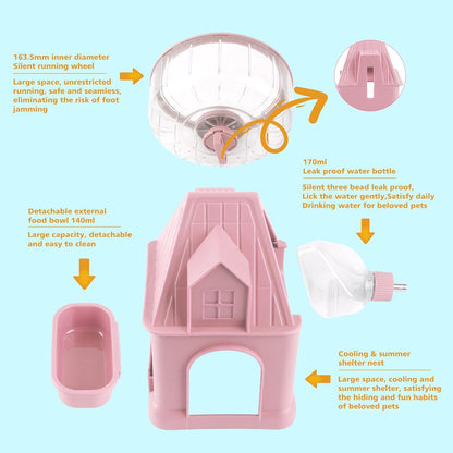 4 in 1 Silent Large Hamster Wheel Multifunctional Hamster Running Wheel Quite Running Spinner Wheel Accessories with Food Bowl Water Bottle for Hamsters Dwarf Gerbil (Pink)