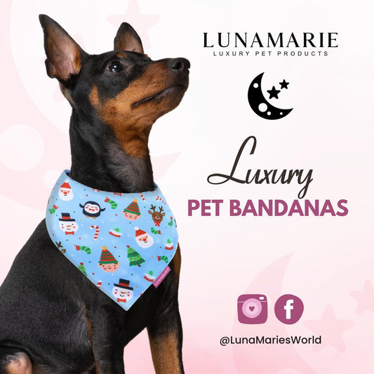 LunaMarie - Luxury Pet Birthday Bandanas -Premium & Silky Poly Fabric | 100% Handmade | Custom Shape Dual Layered (Santa's North Pole, Medium)