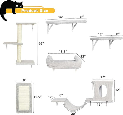 NUNU LAB Cat Wall Shelves, Cat Walls Mounted Climber Set, 6-in-1 Cat Climbing Furniture, Cat Scratching Post, Cat House, Cat Bridge, Cat Steps, Cat Climb Board & Cat Hammock, for Indoor Drywall, Gray