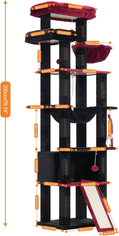 Heybly Tall Cat Tree, 78-inch Multi-Level Cat Tower for Indoor Cats, 2 Widened Plush Perches Cat Condo with Scratching Board and Big Caves, Black and Red HCT033BR