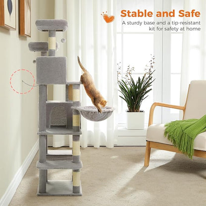 70.8" Tall Cat Tree for Indoor Cats Large Adult, Multi-Level Climbing Tower with Perches, Condo, Hammock, and Sisal Scratching Posts, Easy to Assemble, Light Gray
