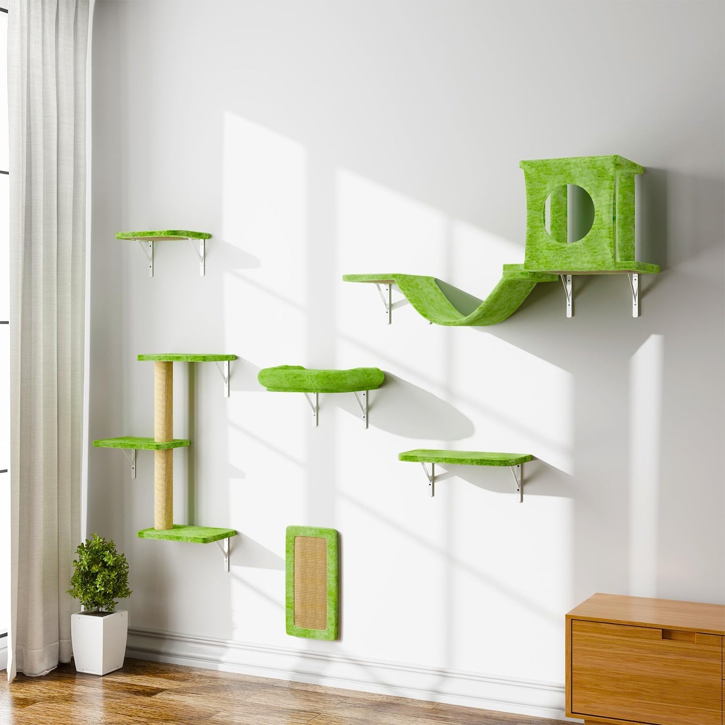 NUNU LAB Wall Mounted Cat Climber Set, 6 Pcs Cat Furniture Set with House, Bridge, Steps, Scratcher Board and Hammock, Shelves for Indoor, Luxury Walls Furniture(Green)