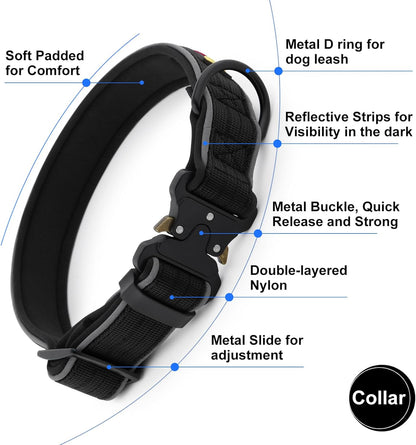 Plutus Pet Tactical Dog Collar, Reflective, Adjustable Heavy Duty Dog Collar, Soft Padded and Comfortable, for Small Medium and Large Dogs (Black, M)