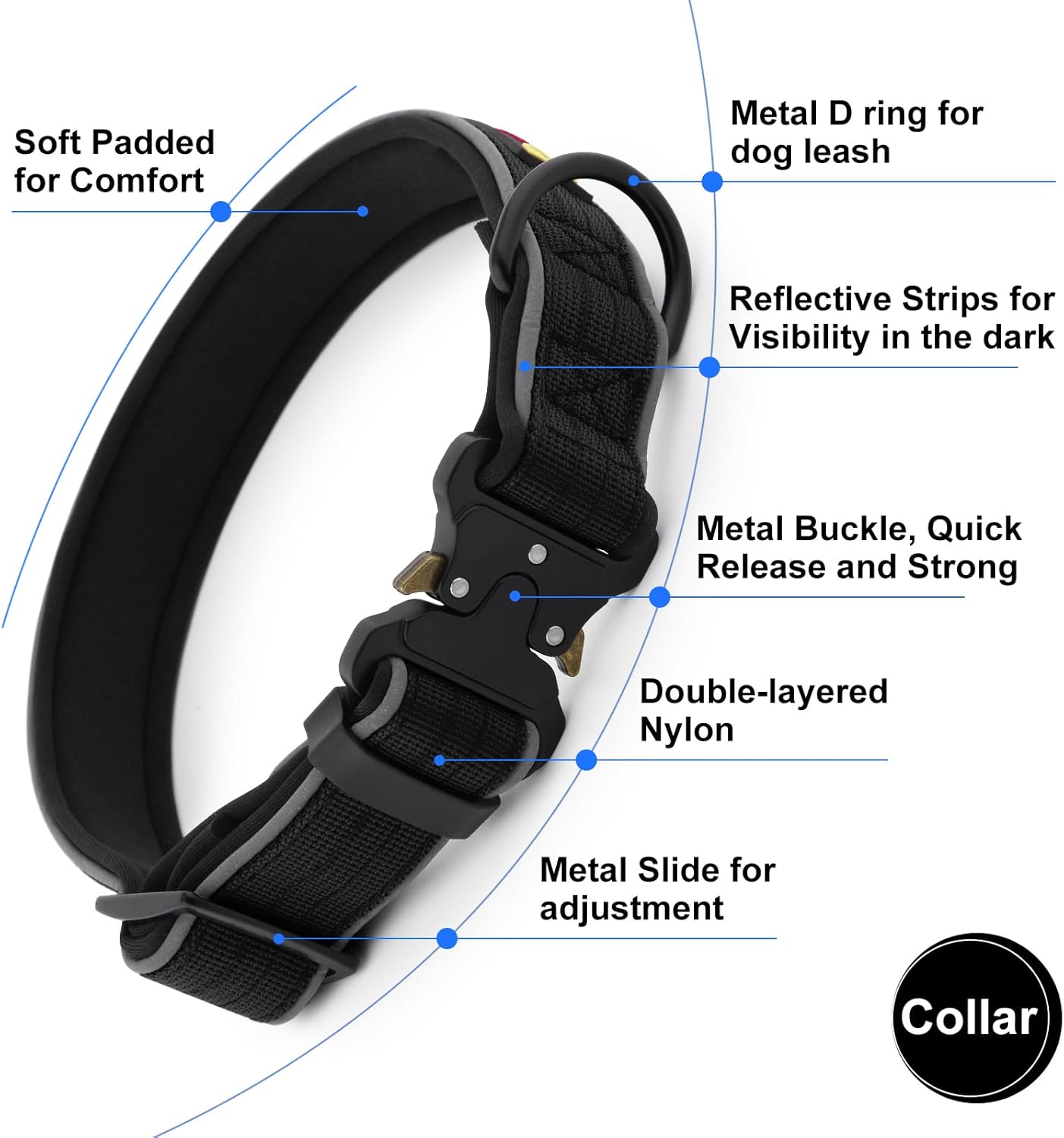 Plutus Pet Tactical Dog Collar, Reflective, Adjustable Heavy Duty Dog Collar, Soft Padded and Comfortable, for Small Medium and Large Dogs (Black, L)