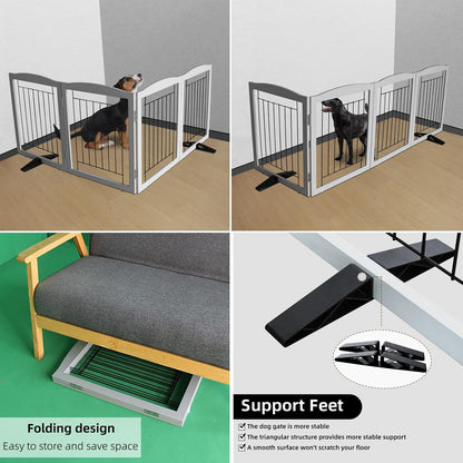 ZJSF Freestanding Dog Fence Indoor, Foldable Dog Gate for Doorways, Stairs or Hallways, Sturdy Wood Extra Wide Pet Gate with Support Feet for The House, Grey, 32 "Height-4 Panels