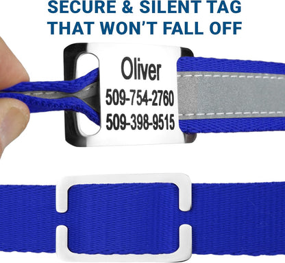 GoTags Reflective Personalized Dog Collar with Nameplate, Adjustable Dog Collar with Custom Engraved Steel Slide On Pet ID Tag, Silent, No Noise Dog Tag for Large Medium or Small (Blue, Large)