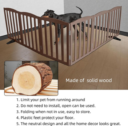 ZJSF Foldable Freestanding Indoor Dog Gate for House Wood Long Pet Gates Dog Fence for Stairs Puppy Gates for Hallways, Puppy Gate,Support Feet Included, Brown, 24 "Height-6 Panels