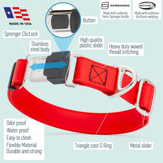 Dogline Biothane Waterproof Dog Collar with Herm Sprenger Black Stainless Steel Quick Release Buckle – Heavy Duty Tactical Durable Collar for Dogs – Comfortable and Safe Pet Collar W 3/4" L 12-19" Red