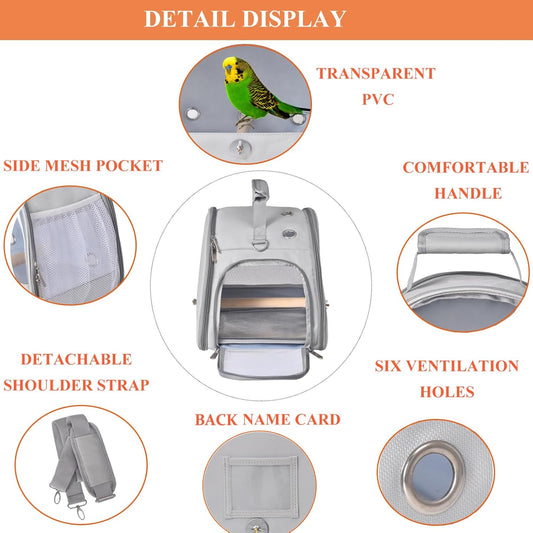 Bird Carrier Travel Cage with Stand, Small Bird Travel Carrier for Parrot with Perch, Side Access Window (Grey)