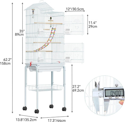 YITAHOME 62 inch Metal Bird Cage, Large Parakeet Cages for Parrot, Cockatiel, Lovebird, Pigeon with Roof Top, Rolling Stand and Hanging Accessories, White