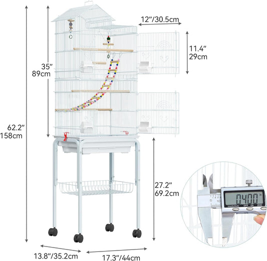 YITAHOME 62 inch Metal Bird Cage, Large Parakeet Cages for Parrot, Cockatiel, Lovebird, Pigeon with Roof Top, Rolling Stand and Hanging Accessories, White