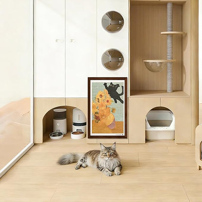 Wall Art Cat Scratcher Sisal Mat, No-Drill Wall Mounted Cat Scratch Pad with Frame, 13.8 x 21.7 Inch Cat Wall Scratchers for Indoor Cats（Sunflower）