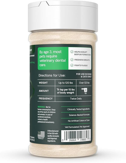 VetriScience Dental Care Powder for Dogs & Cats – Helps Reduce Plaque & Tartar Buildup, Clean Teeth & Fresher Breath, Clinically Tested, Vet-Formulated Oral Supplement, 4.2 oz