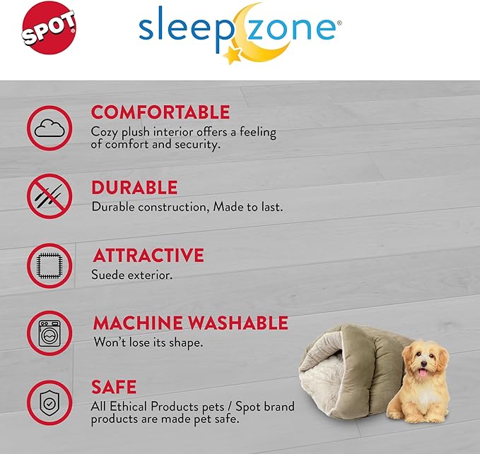 SPOT Sleep Zone Cuddle Cave, Cat Cave Bed for Indoor Cats and Mini Dogs, Durable and Washable, Comfortable for Kittens and Puppies Under 10lbs and 12in Long, Tan Color