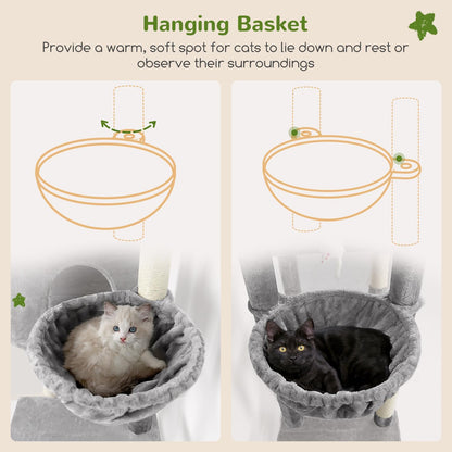 Globlazer Tall Cat Tower, 76 inch Multiple Level Cat Climbers for Indoor Cats, XL Cat Tree with 5 Scratching Posts, 2 Cat Condos, Hammock, 2 Hanging Baskets, F76B, Light Grey