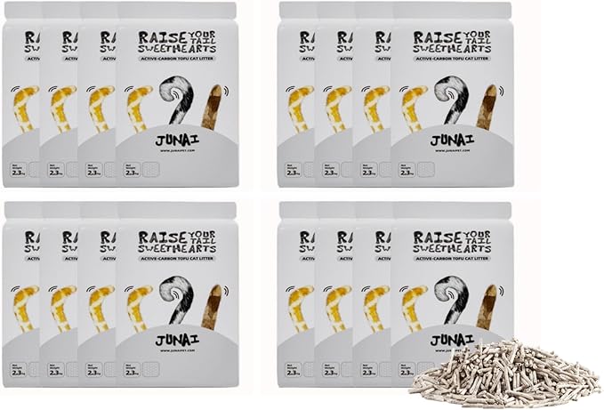 JUNAI Tofu Cat Litter 16 Packs(2.3kg x 16), Active-Carbon Natural Clumping Cat Litter Pellet flushable Biodegradable Kitty Litter, Good for All cat Litter Box, Lightweight dust Free and Odor Control