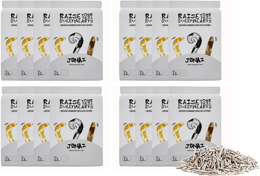 JUNAI Tofu Cat Litter 16 Packs(2.3kg x 16), Active-Carbon Natural Clumping Cat Litter Pellet flushable Biodegradable Kitty Litter, Good for All cat Litter Box, Lightweight dust Free and Odor Control