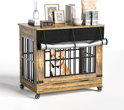 32" Dog Crate Furniture, Double Door Wooden Indoor Dog Kennel Furniture, Decorative Pet Cage End Table with Wheels for Medium and Small Breed Dogs, Size M, Rustic Brown