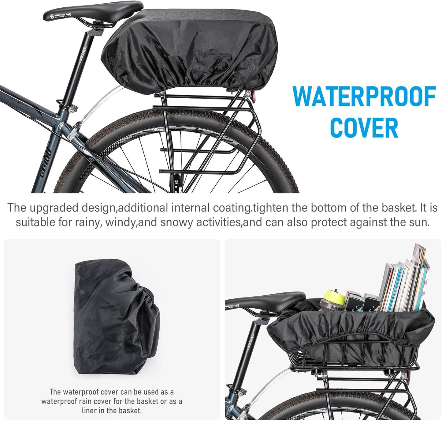 CXWXC Rear Bike Basket - Bicycle Rear Basket with Cargo Net and Waterproof Cover - Rear Mount Aluminium Bike Basket Large Capacity - Pawvie