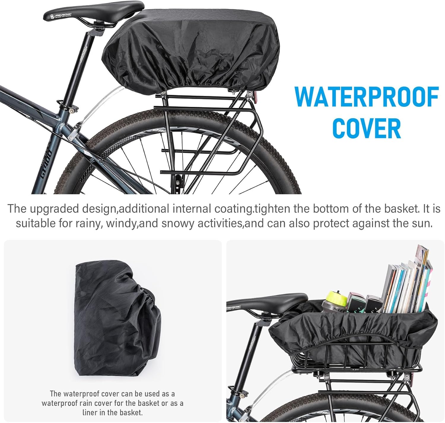 CXWXC Rear Bike Basket - Bicycle Rear Basket with Cargo Net and Waterproof Cover - Rear Mount Aluminium Bike Basket Large Capacity - Pawvie