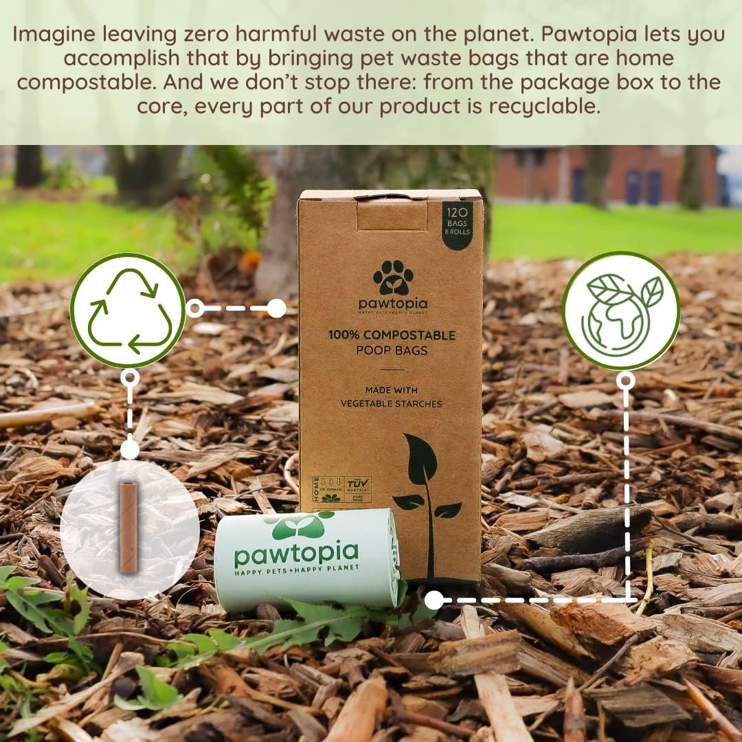 Pawtria Certified Home Compostable Dog Poop Bags (120), Biodegradable Poop Bags for Dogs, Cat Litter, Vegetable Starches, Eco-friendly Dog Waste Bags, Leakproof, Easy to Open, Give Back