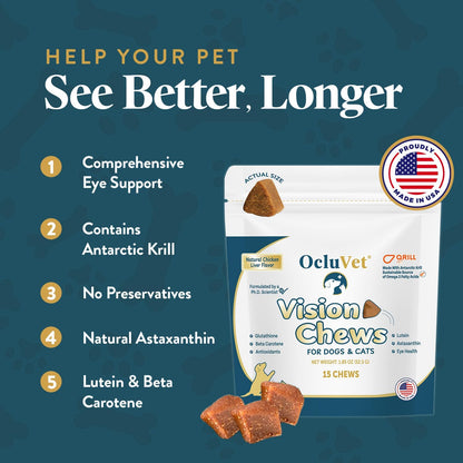 Vision Chews Eye Supplements for Dogs & Cats, Natural Chicken Flavor, Contains Omega 3, Lutein, Antioxidants, & More, Cat & Dog Eye Supplements, No Preservatives, Made in USA, 1 Bag, 15 Chews